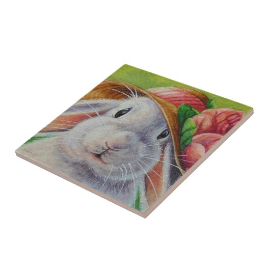 Weißes Kaninchen im Frühling Bonnet Wasserfarbene Fliese (Seite)