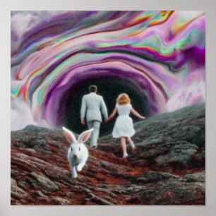 Weißes Kaninchen in der Regenbogenhöhle Poster