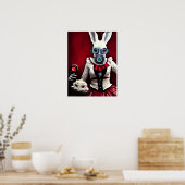 Weißes Kaninchen in einer Gasmaske Poster (Küche)
