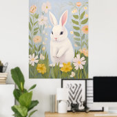 Weißes Kaninchen in Frühlingsblumen Poster (Heimbüro)