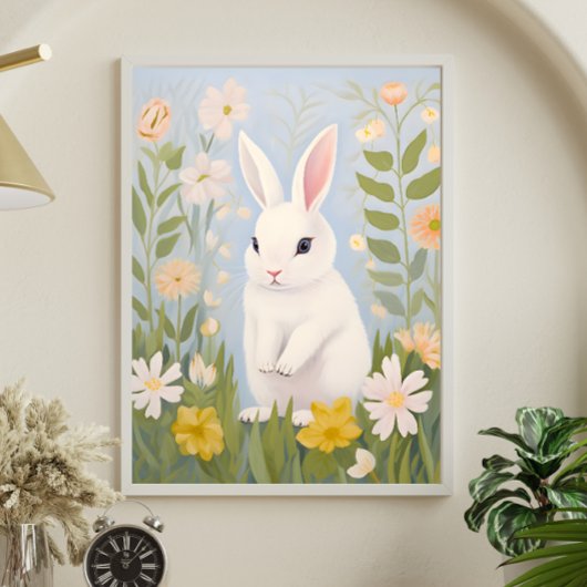 Weißes Kaninchen in Frühlingsblumen Poster