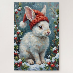 Weißes Kaninchen in ruhigem Winterbeerenhut Puzzle