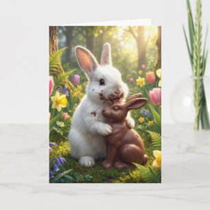 Weißes Kaninchen leckt einen Schokoladen-Osterhase Karte