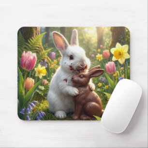 Weißes Kaninchen leckt einen Schokoladen-Osterhase Mousepad