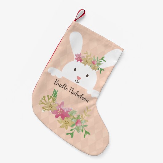 Weißes Kaninchen Pink Gold Poinsettia Blumenpfirsi Kleiner Weihnachtsstrumpf (Vorderansicht (hängend))