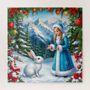 Weißes Kaninchen und Schneemädchen im winterlichen Puzzle