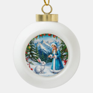Weißes Kaninchen und Schneemädchen im Winterwald Keramik Kugel-Ornament