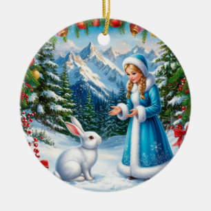 Weißes Kaninchen und Schneemädchen im Winterwald Keramik Ornament