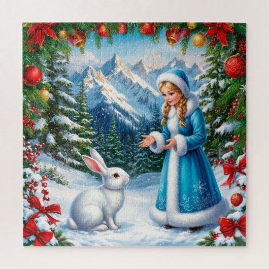 Weißes Kaninchen und Schneemeister im Winterwald Puzzle (Vertikal)