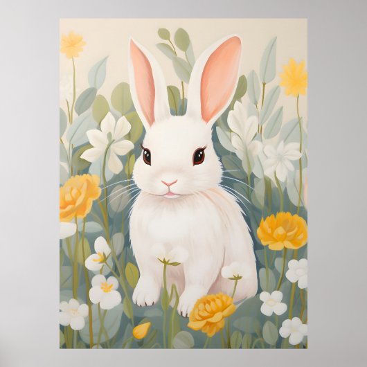 Weißes Kaninchen unter Frühlingsblumen Poster (Vorne)