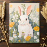 Weißes Kaninchen unter Frühlingsblumen