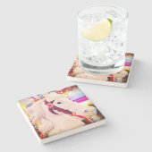 Weißes Karussell-Ross-Foto, farbig Steinuntersetzer (Seitenansicht)
