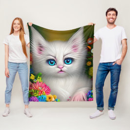 Weißes Kätzchen mit Blume Fleecedecke