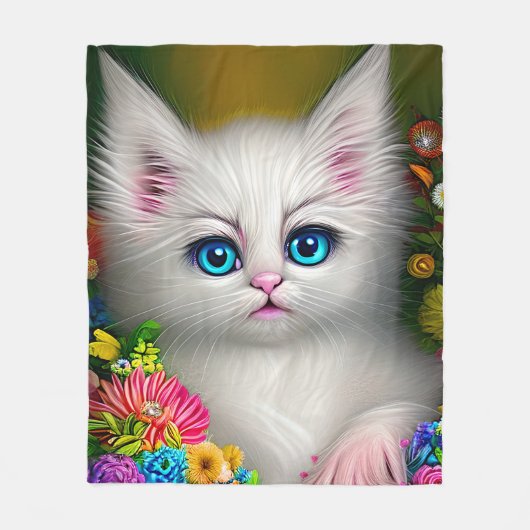 Weißes Kätzchen mit Blume Fleecedecke (Vorderseite)