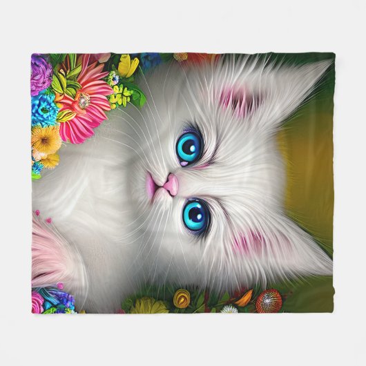 Weißes Kätzchen mit Blume Fleecedecke (Vorderseite (Horizontal))
