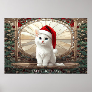 Weißes Kätzchen mit Weihnachtsmannmütze Poster