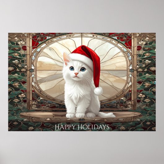 Weißes Kätzchen mit Weihnachtsmannmütze Poster (Vorne)