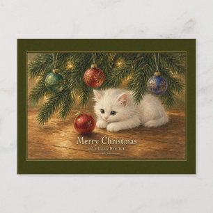 Weißes Kätzchen unter dem Weihnachtsbaum Postkarte