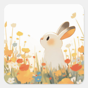 Weißes Kawaii-Kaninchen in einer Wiesenlandschaft  Quadratischer Aufkleber