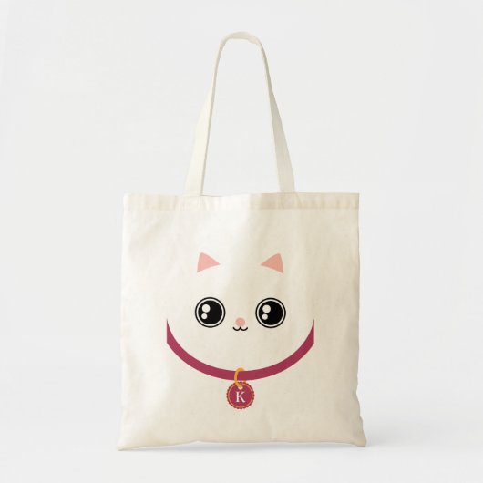 Weißes Kawaii Kitty-Katzen-Gesichts-Name-Monogramm Tragetasche (Vorne)