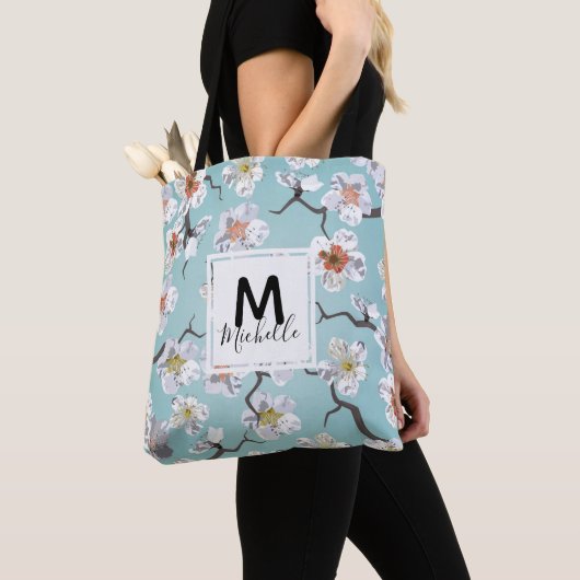 Weißes Kirschblossom farbenfrohe Monogramm Tasche (Von Nahem)