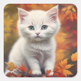 Weißes Kitten Herbstleaves Portrait Quadratischer Aufkleber