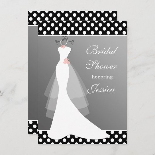 Weißes Kleid auf Grau, Polkapunkt Brautparty Einladung (Vorne/Hinten)