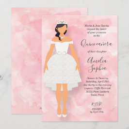 Weißes Kleid auf rosa Quinceanera Einladungen