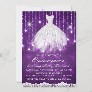 Weißes Kleid, lila glamouröse Quinceanera Einladung