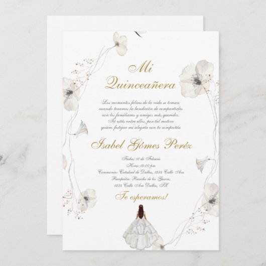 Weißes Kleid Quinceanera Silhouette Spanisch Einladung (Vorne/Hinten)