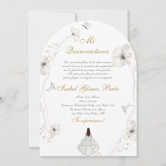 Weißes Kleid Quinceanera Silhouette Spanisch Einladung (Vorderseite)