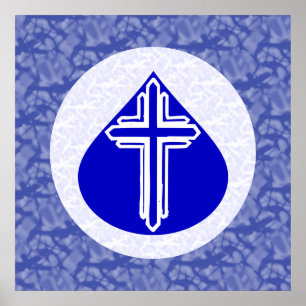 Weißes Kreuz in blauer Träne auf Blau und Weiß Poster