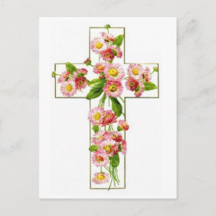 Weißes Kreuz mit rosa Blumen Postkarte