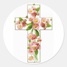 Weißes Kreuz mit rosa Florals Runder Aufkleber