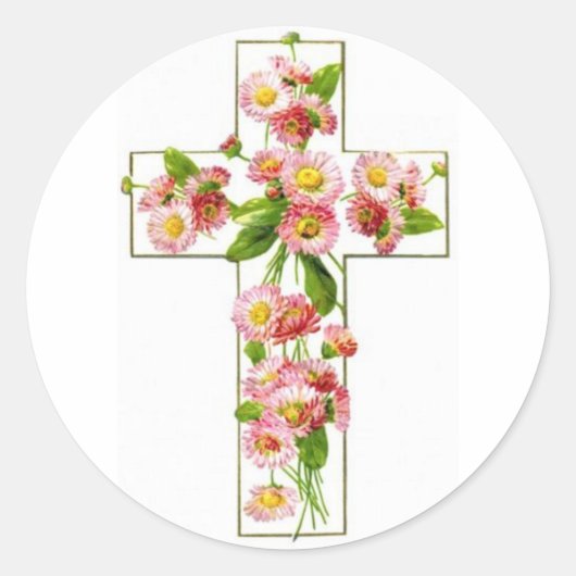 Weißes Kreuz mit rosa Florals Runder Aufkleber (Vorderseite)