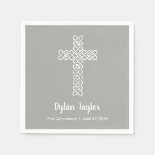 Weißes Kreuz über Graue Kommunion Taufe Christenin Serviette