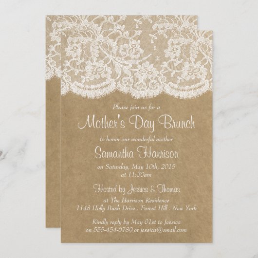 Weißes Lace auf dem Brunch der rustikalen Kraft-Mu Einladung (Vorne/Hinten)