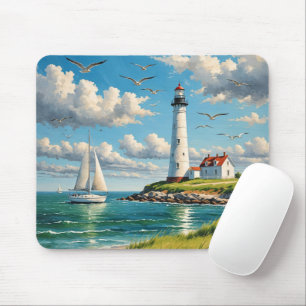 Weißes Leuchtturm mit Segelboot Mousepad