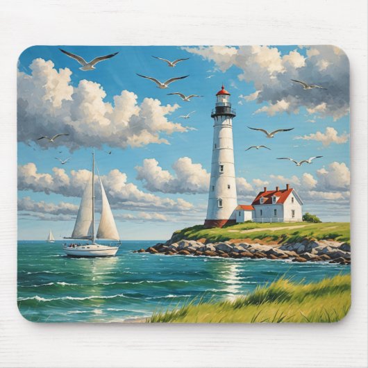 Weißes Leuchtturm mit Segelboot Mousepad (Vorne)