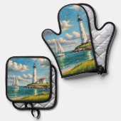 Weißes Leuchtturm mit Segelboot Ofenhandschuh & Topflappen-Set (Vorderseite/Rückseite)