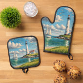 Weißes Leuchtturm mit Segelboot Ofenhandschuh & Topflappen-Set (Oben Unten)