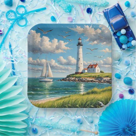Weißes Leuchtturm mit Segelboot Pappteller (Party)