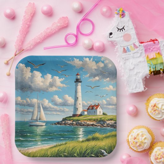 Weißes Leuchtturm mit Segelboot Pappteller (Party)