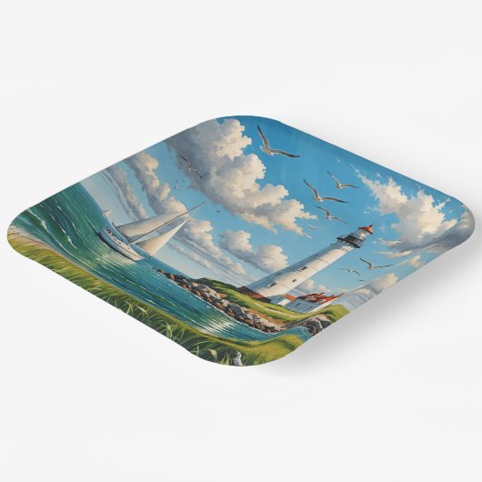 Weißes Leuchtturm mit Segelboot Pappteller (Gewinkelt)