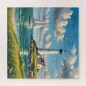 Weißes Leuchtturm mit Segelboot Puzzle (Horizontal)