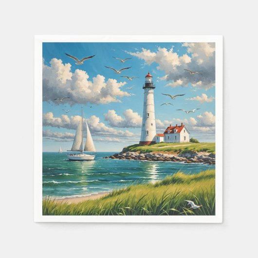 Weißes Leuchtturm mit Segelboot Serviette (Vorderseite)