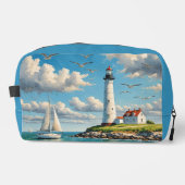 Weißes Leuchtturm mit Segelboot Waschbeutel (Vorderseite)