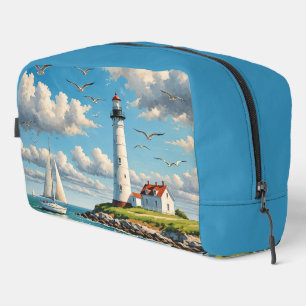 Weißes Leuchtturm mit Segelboot Waschbeutel