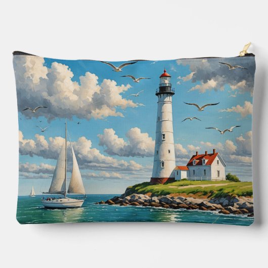 Weißes Leuchtturm mit Segelboot Zubehörtasche (Rückseite)