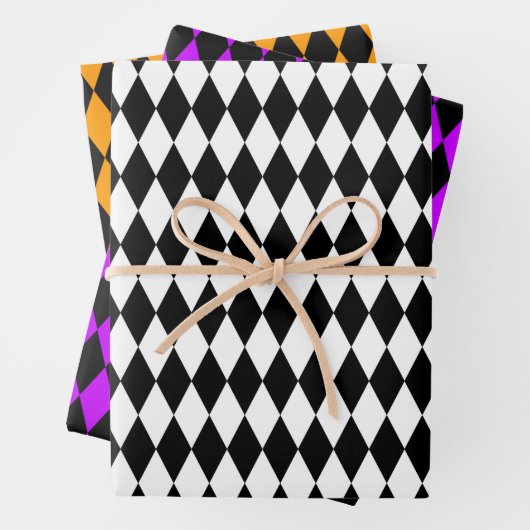 Weißes Lila Orange und Schwarzes Harlequin  Geschenkpapier Set (Beispiel)
